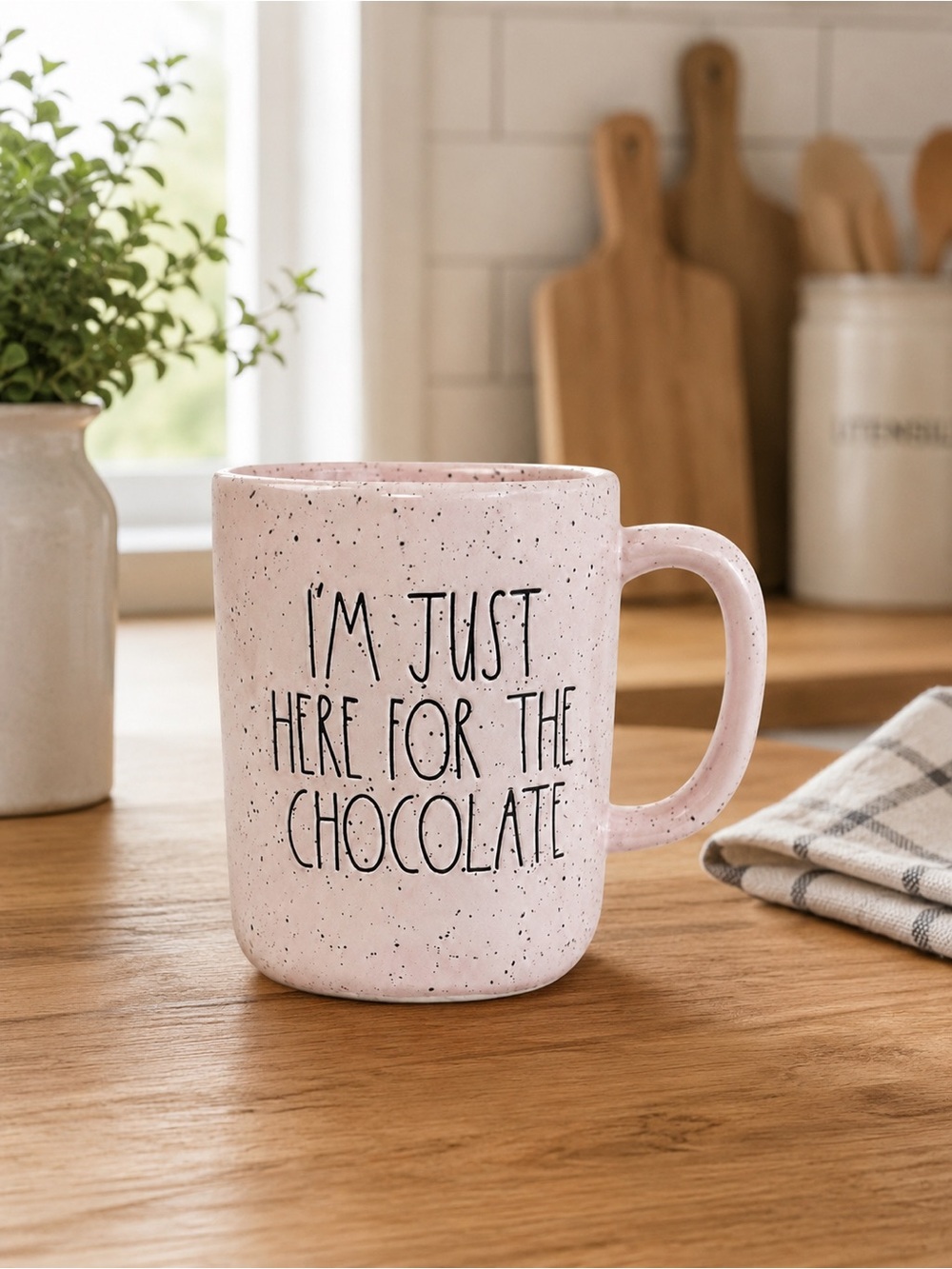 Rae Dunn Pink Speckled Mug "I'm Just Here for the Chocolate"